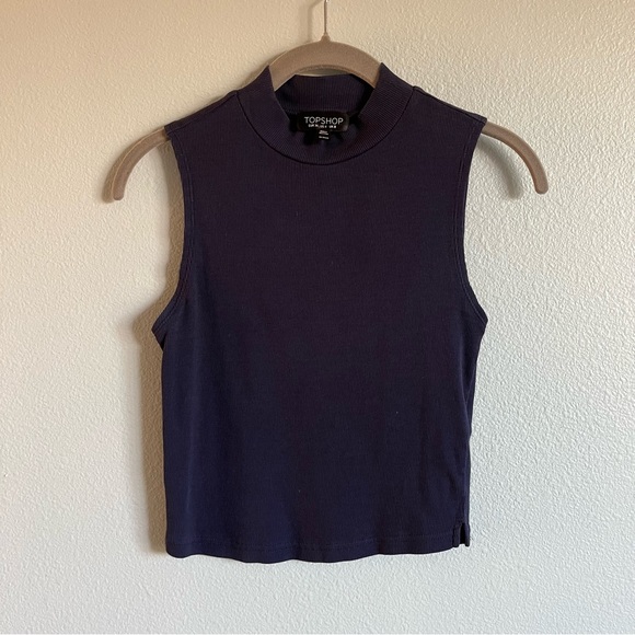 Topshop Dark Blue Sleeveless Cropped Mini Turtle Neck Shirt Top - Picture 1 of 6